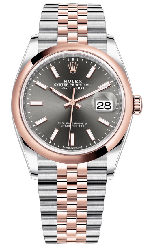 Datejust 36mm Stainless Steel and Rose Gold 126201 Dark Rhodium Index Jubilee