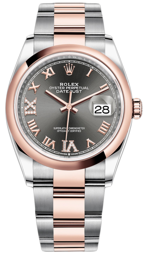 Datejust 36mm Stainless Steel and Rose Gold 126201 Dark Rhodium VI IX Roman Oyster