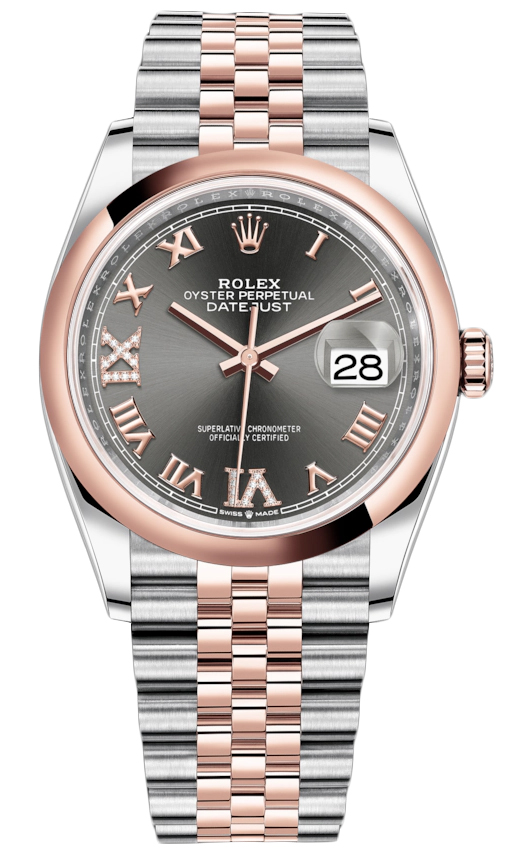 Datejust 36mm Stainless Steel and Rose Gold 126201 Dark Rhodium VI IX Roman Jubilee