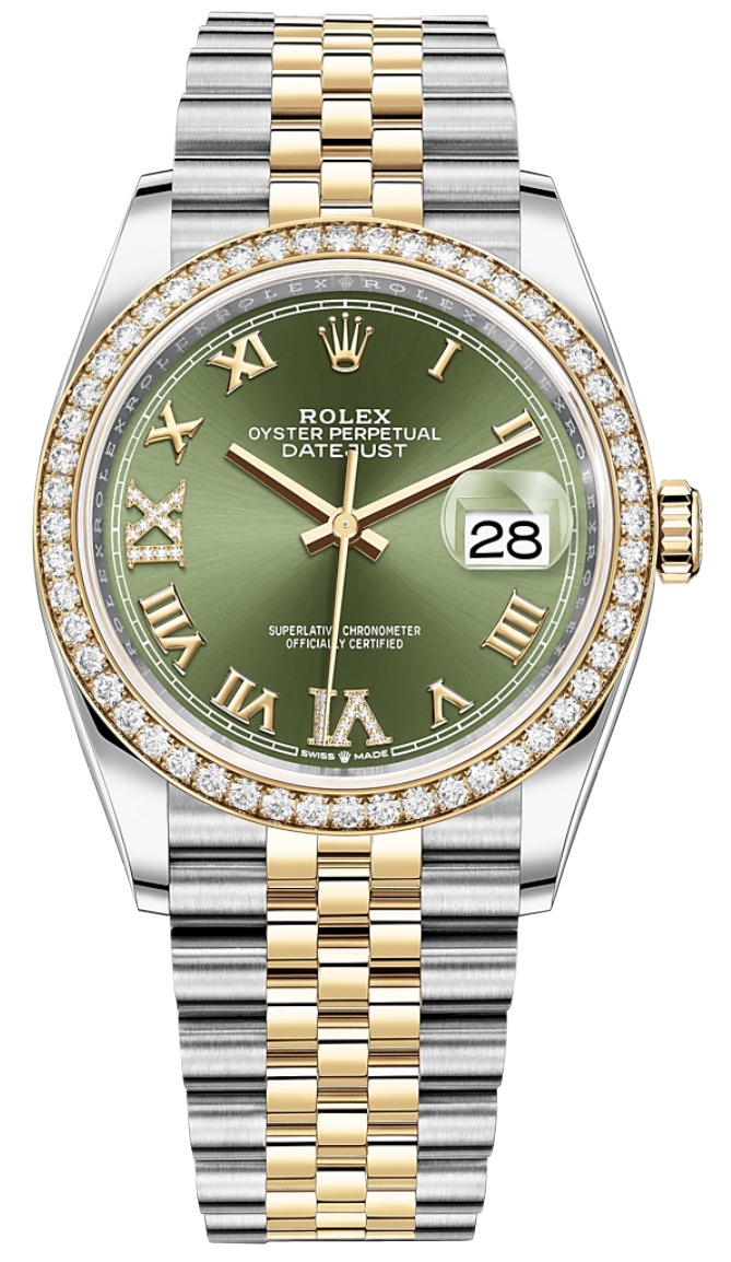Datejust 36mm Stainless Steel and Yellow Gold 126283RBR Olive Green VI IX Roman Jubilee