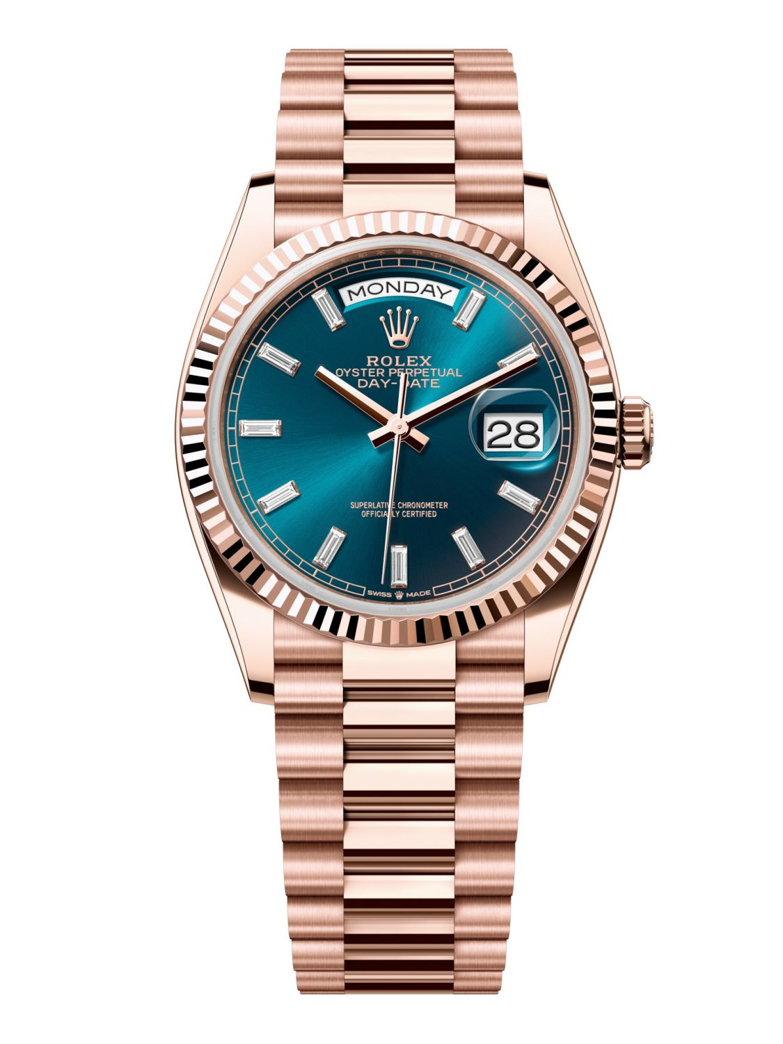 Rolex Day-Date 36mm Everose Gold 128235 Blue-Green Baguette President