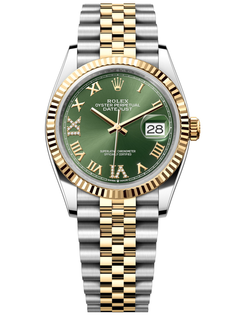 Rolex Datejust 36mm Stainless Steel and Yellow Gold 126233 Olive Green VI IX Roman Jubilee