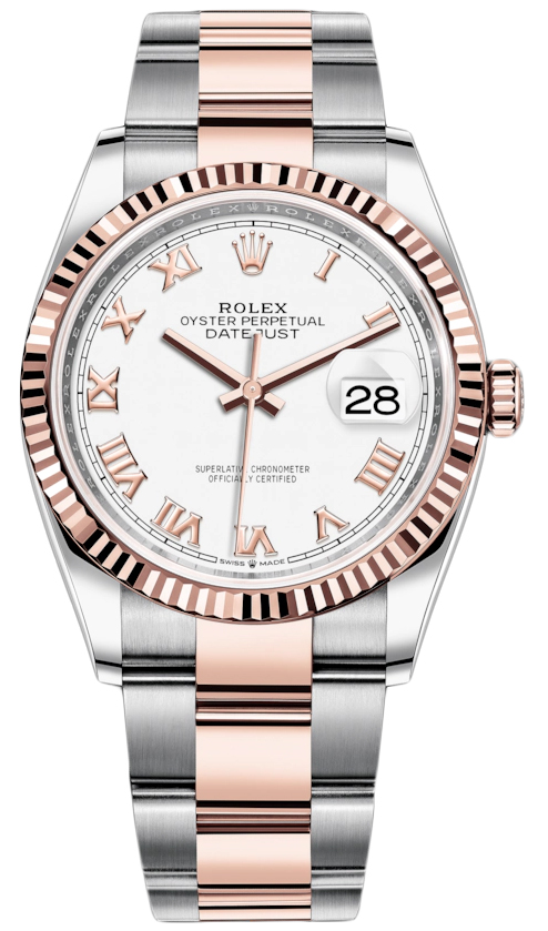 Datejust 36mm Stainless Steel and Rose Gold 126231 White Roman Oyster