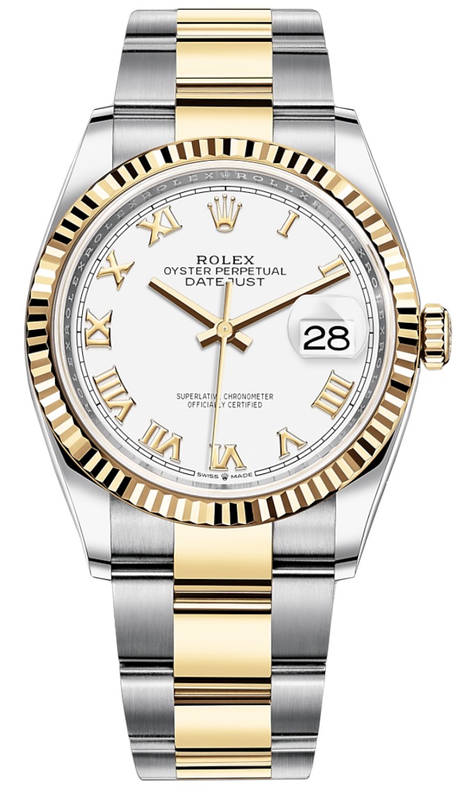 Datejust 36mm Stainless Steel and Yellow Gold 126233 White Roman Oyster