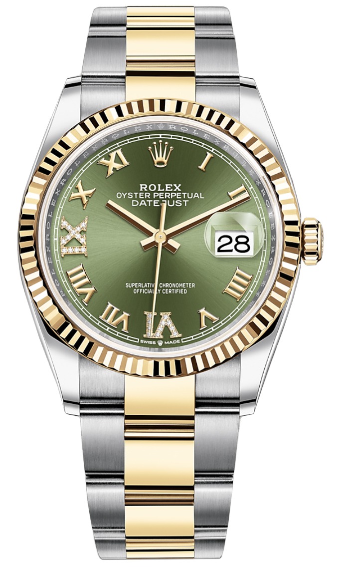 Datejust 36mm Stainless Steel and Yellow Gold 126233 Olive Green VI IX Roman Oyster