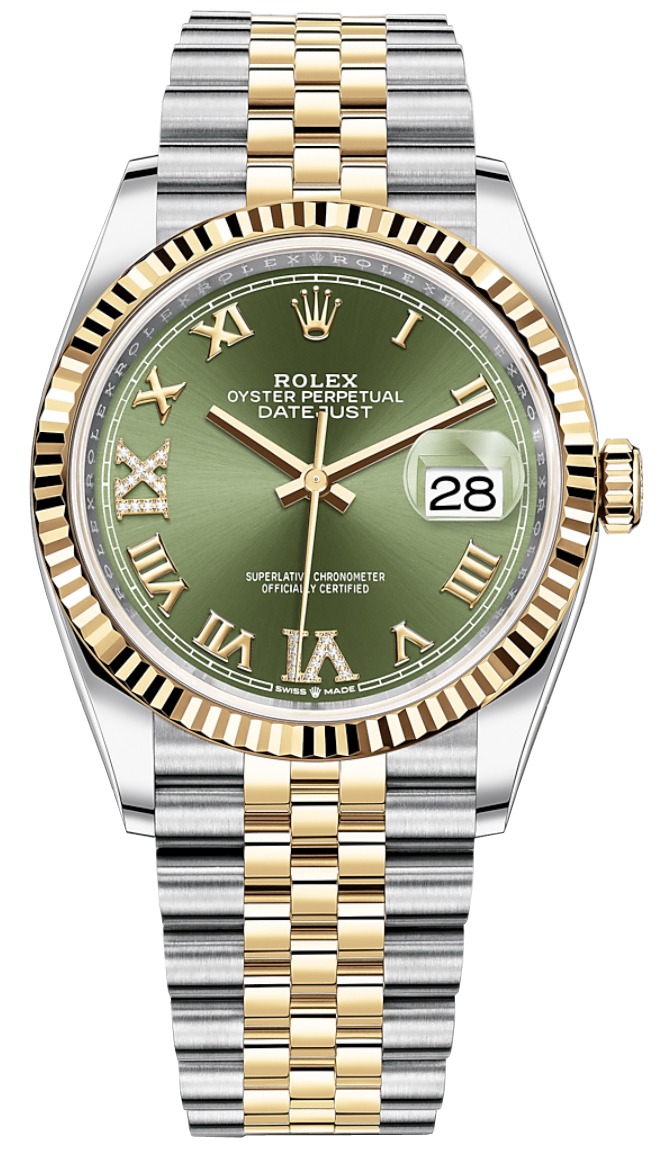 Datejust 36mm Stainless Steel and Yellow Gold 126233 Olive Green VI IX Roman Jubilee